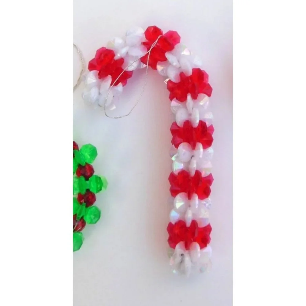 Lot of 4 Handmade Plastic Bead Christmas Ornaments Wreath Candy Canes 1970s